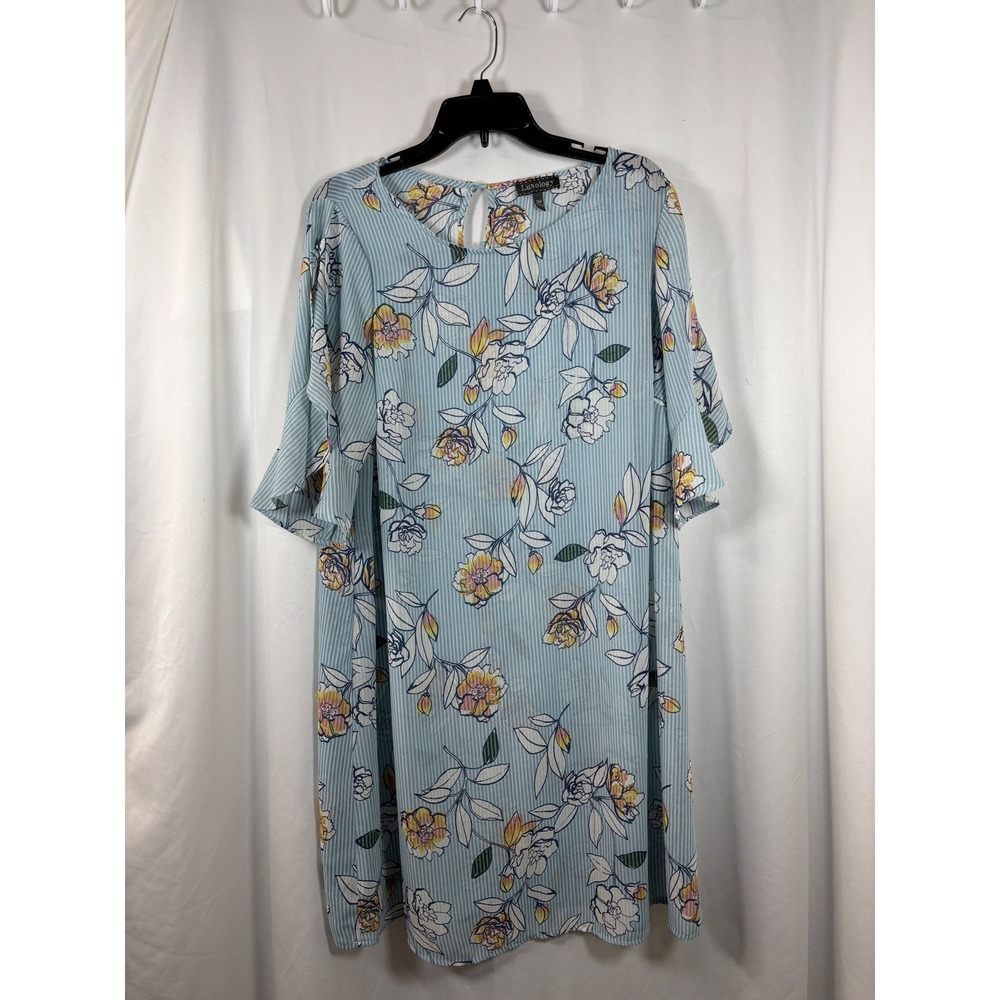 Luxology Womens 14W Blue Striped Floral Flutter Sleeve Shift Dress with Slip